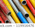 Construction site, PVC pipes for sewerage pipeline, plumbing materials for repair. 119916476