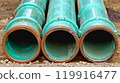 Construction site, PVC pipes for sewerage pipeline, plumbing materials for repair. 119916477