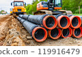Construction site, PVC pipes for sewerage pipeline, plumbing materials for repair. 119916479