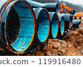 Construction site, PVC pipes for sewerage pipeline, plumbing materials for repair. 119916480