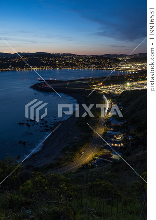 Night view of Wellington International Airport from Moa Point Raider Station in Wellington, New Zealand Night view of Wellington International Airport from Moa Point Raider Station in Wellington, New Zealand 119916531