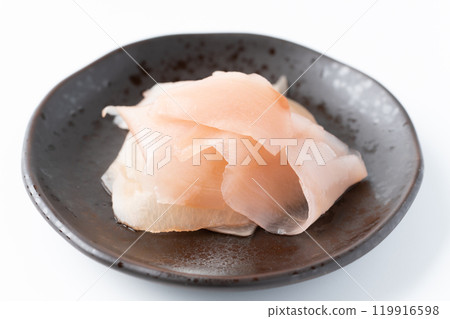 A small plate of gari (pickled ginger in sweet vinegar) 119916598