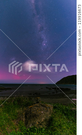 Red Rocks Beach and the Aurora in the sky, Wellington, New Zealand 119916673