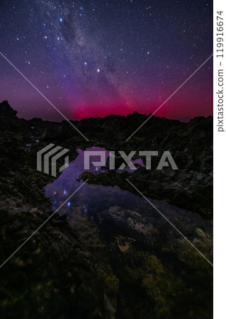Red Rocks Beach and the Aurora in the sky, Wellington, New Zealand 119916674