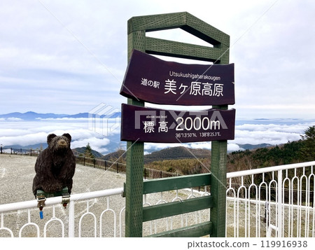 A view of the sea of clouds seen through the information board at the observation deck_Utsukushigahara Highlands 119916938