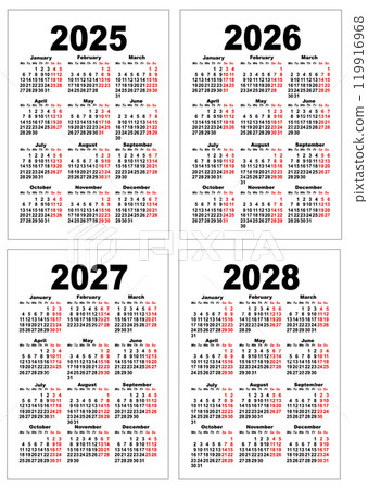 Set 2025, 2026, 2027, 2028 pocket calendar template vertical english new year grid isolated on white Set 2025, 2026, 2027, 2028 pocket calendar template vertical english new year grid isolated on white 119916968