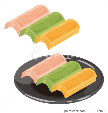 A set of three-colored grilled yatsuhashi on a plate 119917028