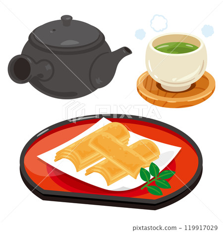 Grilled Yatsuhashi served on a plate and a tea set Grilled Yatsuhashi served on a plate and a tea set 119917029