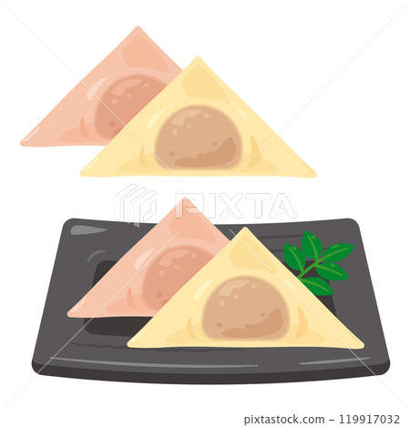 方盤上的兩色生八橋套餐，有些部分已經模糊。 119917032