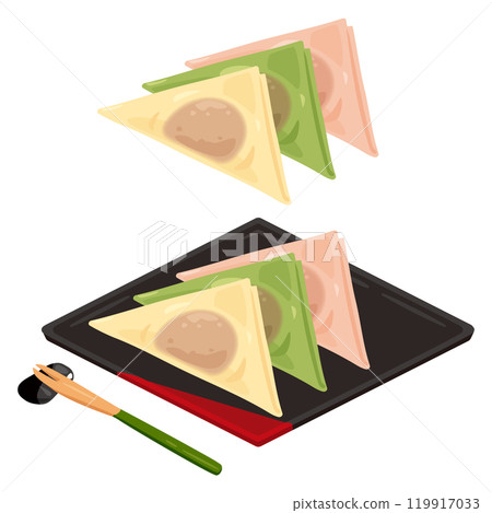 A set of three-colored fresh yatsuhashi on a square plate (some parts are blurred) 119917033