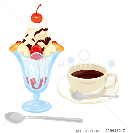 Strawberry banana parfait and coffee set at a coffee shop 119917047
