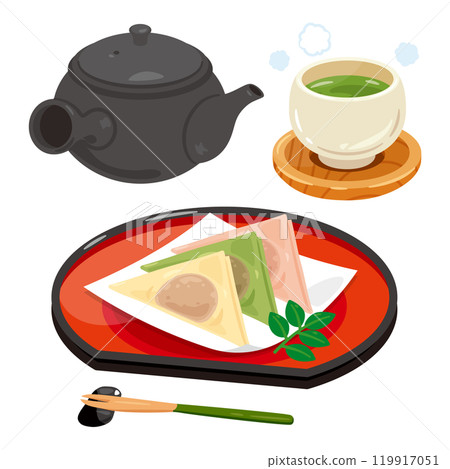 盤子上的三色生八橋和茶具 119917051