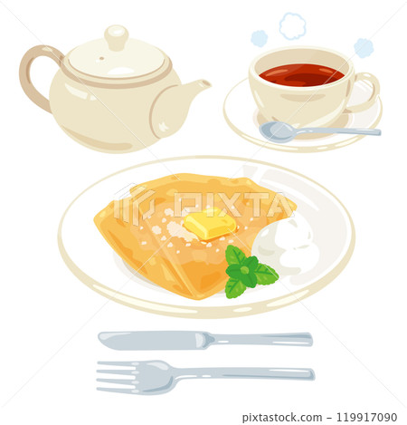 盤子上的糖奶油薄餅和茶具 119917090