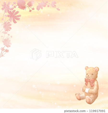 A cute frame of a teddy bear drinking a hot drink and flowers. 119917091