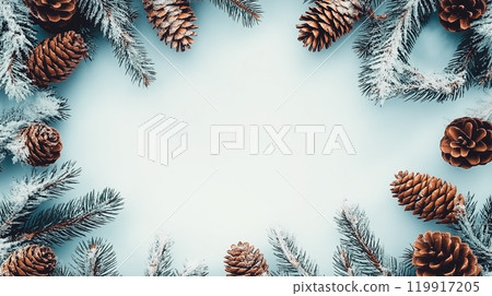 Winter snow background with pine branches and cones frame 119917205