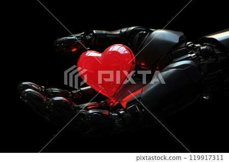 robotic hands holding a red heart symbol. ai generative 119917311