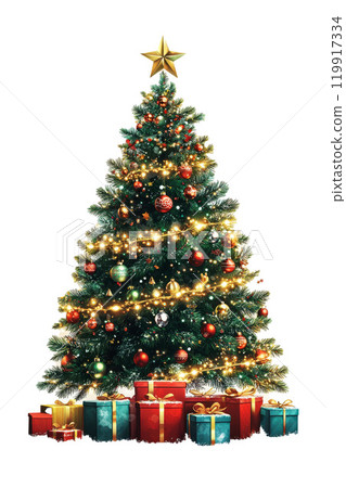 A huge christmas tree decorated with ornamental balls and bokeh lights for christmas celebration. 119917334