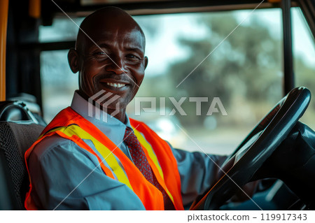 African bus driver behind steering wheel. ai generative African bus driver behind steering wheel. ai generative 119917343
