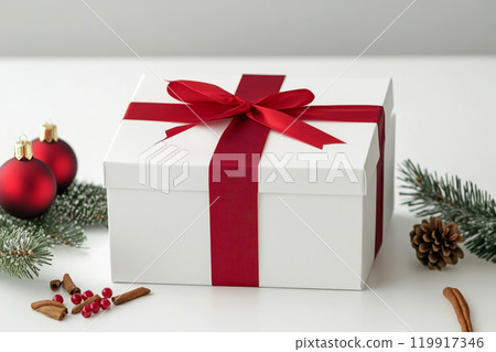 A gorgeous gift box tied with a vibrant red ribbon rests elegantly on a pristine white background, exuding the essence of the festive season. This captivating of Christmas and New Year. A gorgeous gift box tied with a vibrant red ribbon rests elegantly on a pristine white background, exuding the essence of the festive season. This captivating of Christmas and New Year. 119917346