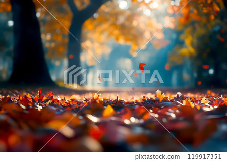 Enchanting autumn forest with golden leaves drifting gently to the ground sunlight streaming through the trees and casting a warm tranquil glow over the serene natural landscape 119917351