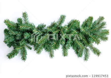 Christmas tree garland isolated on white. Realistic pine tree branches with golden confetti decoration. Christmas tree garland isolated on white. Realistic pine tree branches with golden confetti decoration. 119917453