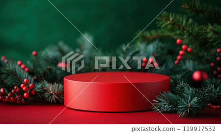Empty red podium for product photography. Shiny blurred background with bokeh, baubles, decorated Christmas tree and spruce branches. Mockup pedestal on a table Empty red podium for product photography. Shiny blurred background with bokeh, baubles, decorated Christmas tree and spruce branches. Mockup pedestal on a table 119917532