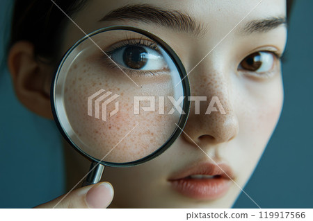 A Asian woman is looking into a magnifying glass with freckles. skin healthy concept. 119917566