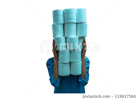 Young woman holds big stack of toilet paper rolls that reach above their head isolated white background . Over consumer society concept. 119917568