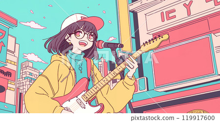 動漫風格女孩彈吉他AI 119917600
