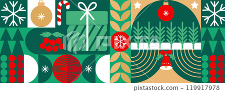 Christmas bauhaus abstract geometric background. Merry Christmas pattern, wallpaper, banner, festive cover design Winter Celebration. Seamless festive vector mosaic, minimal scandinavian ornament 119917978
