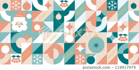 Christmas bauhaus abstract geometric background. Merry Christmas pattern, wallpaper, banner, festive cover design Winter Celebration. Seamless festive vector mosaic, minimal scandinavian ornament Christmas bauhaus abstract geometric background. Merry Christmas pattern, wallpaper, banner, festive cover design Winter Celebration. Seamless festive vector mosaic, minimal scandinavian ornament 119917979