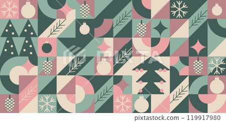 Christmas bauhaus abstract geometric background. Merry Christmas pattern, wallpaper, banner, festive cover design Winter Celebration. Seamless festive vector mosaic, minimal scandinavian ornament 119917980