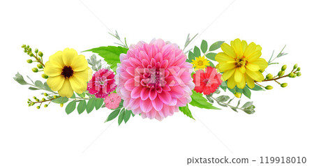 Colorful flowers and leaf isolated on white background. Colorful flowers and leaf isolated on white background. 119918010