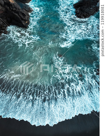 Atlantic ocean from above, waves and black basalt sand and rocks, view f Atlantic ocean from above, waves and black basalt sand and rocks, view f 119918081