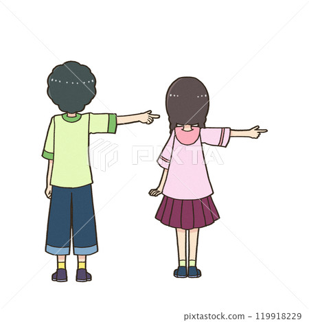 Boy and girl turning away and pointing to the side 119918229