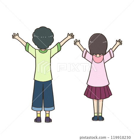 Boy and girl with their backs turned and their hands raised 119918230