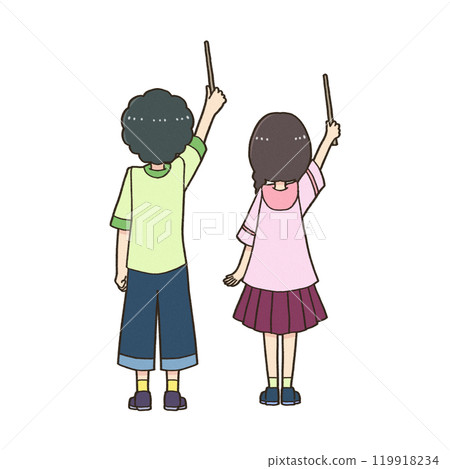 Boy and girl turn their backs and point up with pointers 119918234