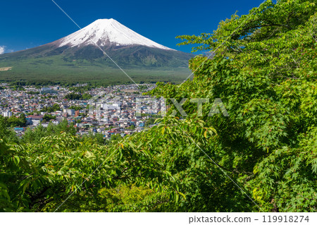 「山梨縣」初夏大雪的富士山/新倉山淺間公園新綠 119918274