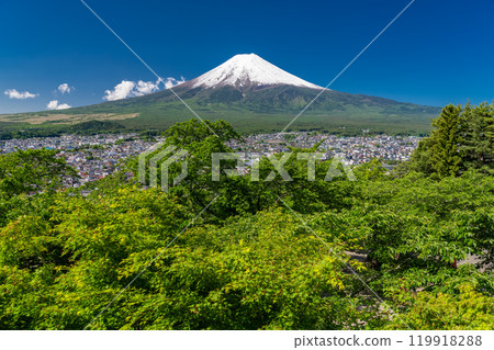 「山梨縣」初夏大雪的富士山/新倉山淺間公園新綠 119918288