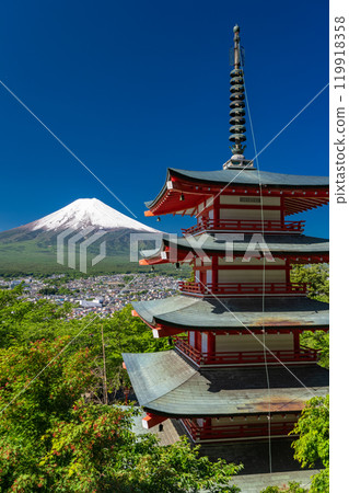 「山梨縣」初夏大雪的富士山/新倉山淺間公園新綠 119918358