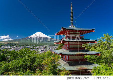 "Yamanashi Prefecture" Mt. Fuji with a large snow cap in early summer / Arakurayama Sengen Park with fresh green "Yamanashi Prefecture" Mt. Fuji with a large snow cap in early summer / Arakurayama Sengen Park with fresh green 119918359