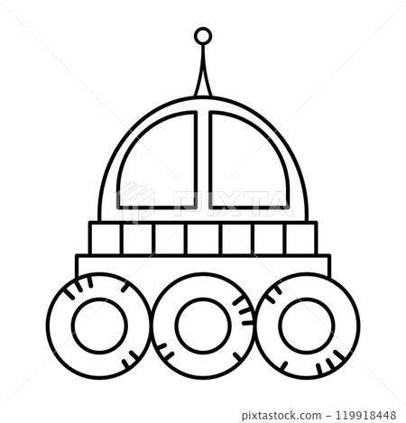 Simple Space Rover Outline. This is a black-and-white vector illustration of a space rover with a minimalist design. The rover features three large wheels with circular details around each wheel. Simple Space Rover Outline. This is a black-and-white vector illustration of a space rover with a minimalist design. The rover features three large wheels with circular details around each wheel. 119918448