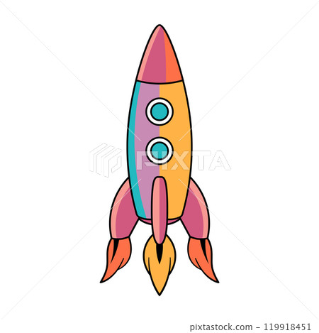 Colorful Cartoon Rocket. This is a simple, vibrant vector illustration of a cartoon-style rocket ship. The rocket has a classic shape with a pointed nose, two circular windows. 119918451