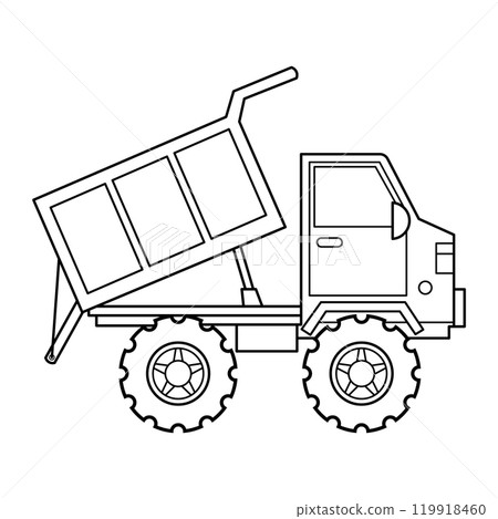 Dump Truck Outline. This is a black-and-white vector illustration of a dump truck in a side view. The truck has a large, raised cargo bed with rectangular panels, tilted upwards as if unloading. Dump Truck Outline. This is a black-and-white vector illustration of a dump truck in a side view. The truck has a large, raised cargo bed with rectangular panels, tilted upwards as if unloading. 119918460