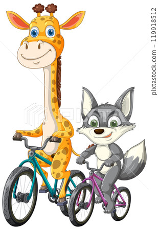 Giraffe and Wolf Riding Bicycles Together Giraffe and Wolf Riding Bicycles Together 119918512