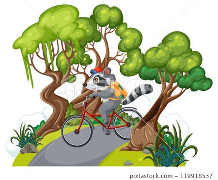 Raccoon Cycling Through Forest Path Raccoon Cycling Through Forest Path 119918537