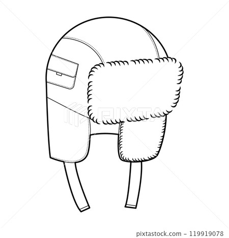 Trapper Hat with pocket. Winter Head Fashion accessory cap with fur clothing technical illustration. Vector headgear 119919078