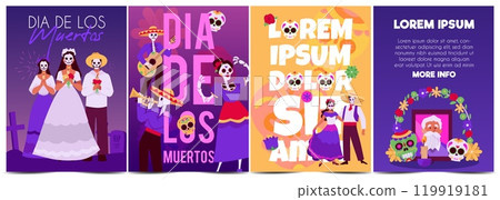 Flat vector set of flyers dedicated to the Dia de los Muertos Festival. Flat vector set of flyers dedicated to the Dia de los Muertos Festival. 119919181