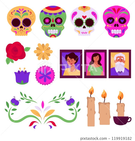 Dia de los Muertos. Set with sugar skull, flowers, candles, photographs. 119919182