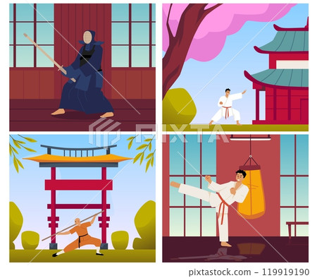 Asian martial art vector illustrations set, Karate, Kendo fighters, Chinese Wushu Kung fu and Japanese wrestler outdoors 119919190
